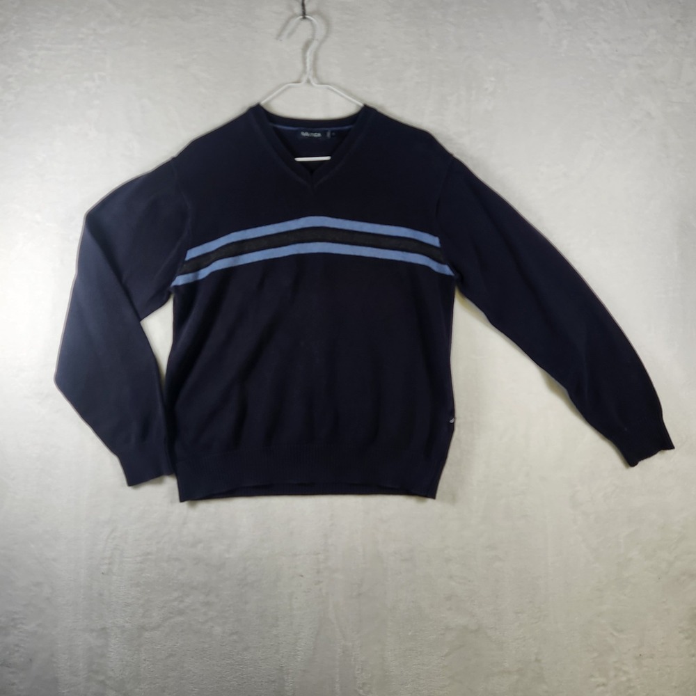 Nautica‎ Mens M Navy Blue V-Neck Sweater Stripe Chest Pullover Classic Knit